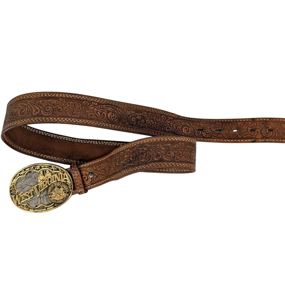 Textan Tex Tan Tooled Leather Floral Belt 24KGP West Virginia Buckle Vintage